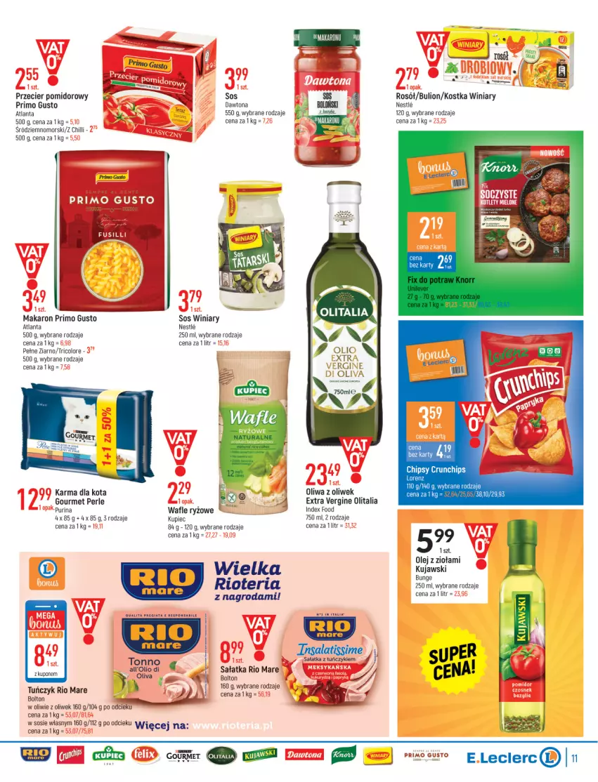 Gazetka promocyjna E Leclerc - ważna 15.03 do 26.03.2022 - strona 11 - produkty: Bulion, Dawtona, Gala, Gin, Kujawski, Kupiec, LG, Lion, Lorenz, Makaron, Mars, Olej, Oliwa z oliwek, Piec, Pur, Purina, Rio Mare, Rosół, Ryż, Sałat, Sałatka, Sól, Sos, Tuńczyk, Wafle, Winiary