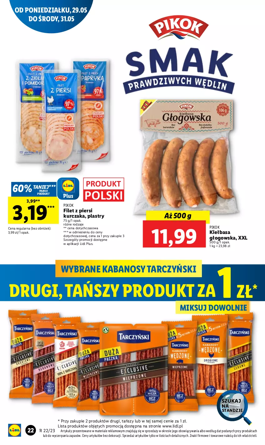 Gazetka promocyjna Lidl - GAZETKA - ważna 29.05 do 31.05.2023 - strona 36 - produkty: Filet z piersi kurczaka, Kabanos, Kiełbasa, Kiełbasa głogowska, Kurczak, PIKOK, Tarczyński