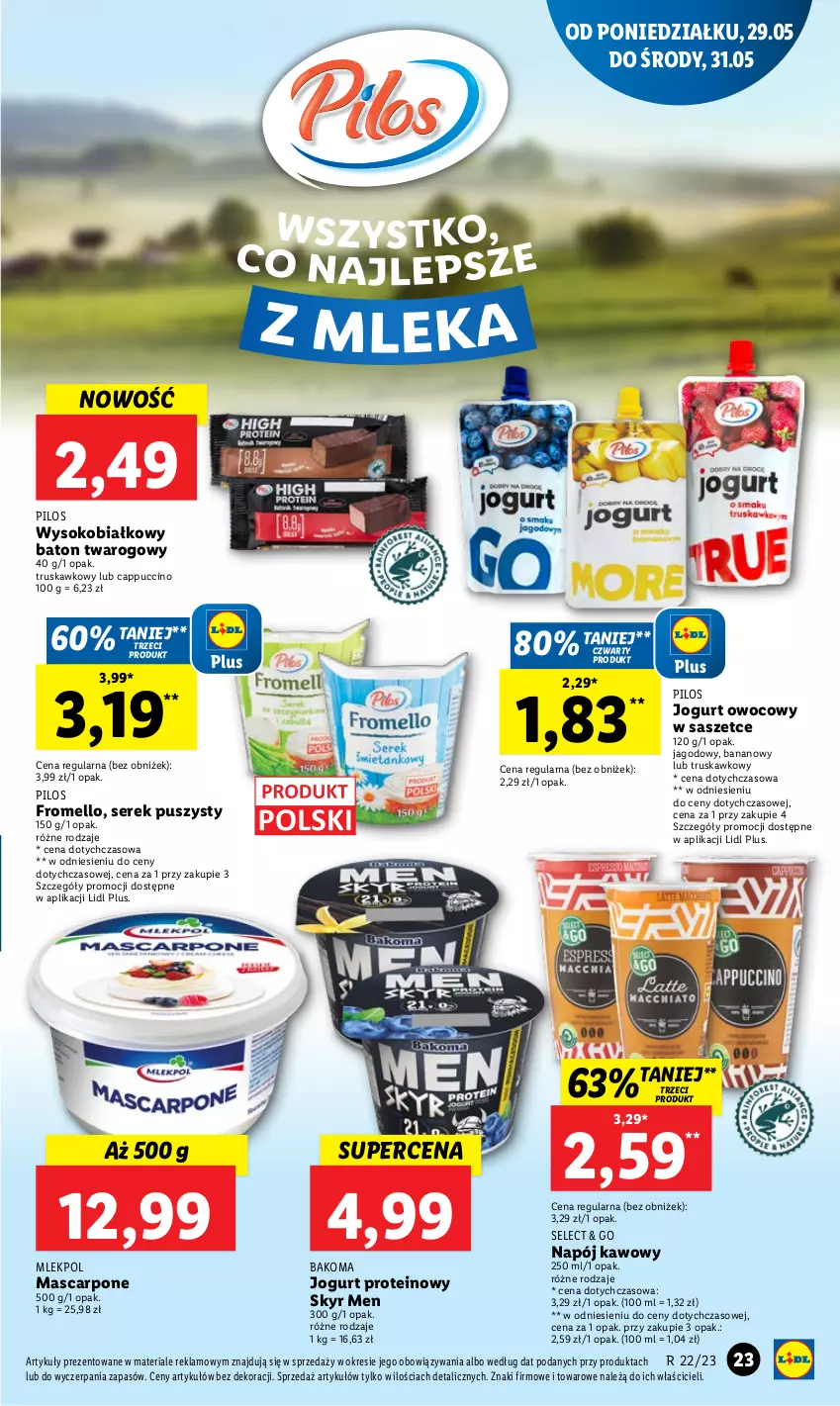 Gazetka promocyjna Lidl - GAZETKA - ważna 29.05 do 31.05.2023 - strona 37 - produkty: Bakoma, Baton, Cappuccino, Jogurt, Jogurt owocowy, Mascarpone, Napój, Pilos, Ser, Serek, Serek puszysty, Sok