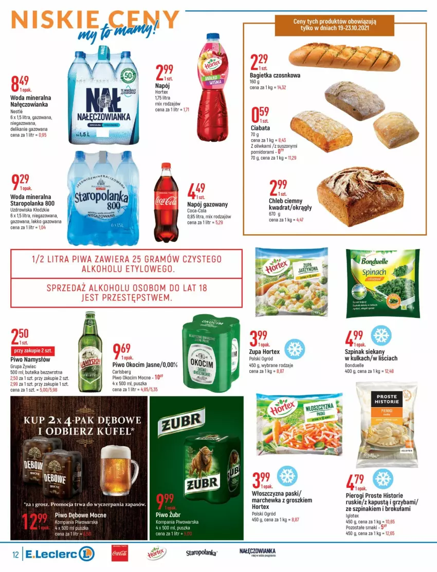 Gazetka promocyjna E Leclerc - ważna 19.10 do 30.10.2021 - strona 12 - produkty: Bagietka, Bagietka czosnkowa, Bonduelle, Carlsberg, Coca-Cola, Hortex, Kapustą, Koc, Nałęczowianka, Namysłów, Napój, Napój gazowany, Ogród, Okocim, Pierogi, Piwo, Staropolanka, Szpinak, Woda, Woda mineralna, Zupa