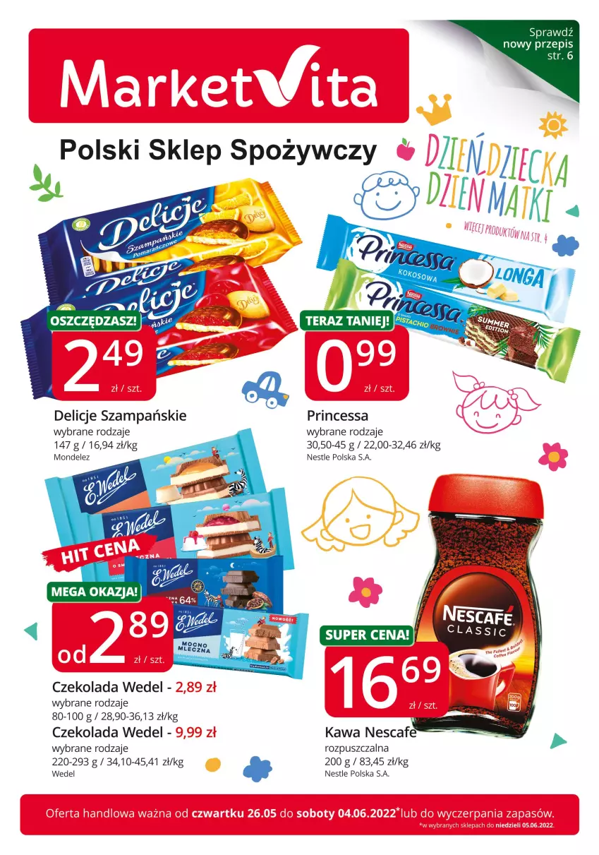 Gazetka promocyjna Market Vita - Gazetka promocyjna – Marketvita - ważna 26.05 do 04.06.2022 - strona 1 - produkty: Czekolada, Delicje, Kawa, Princessa