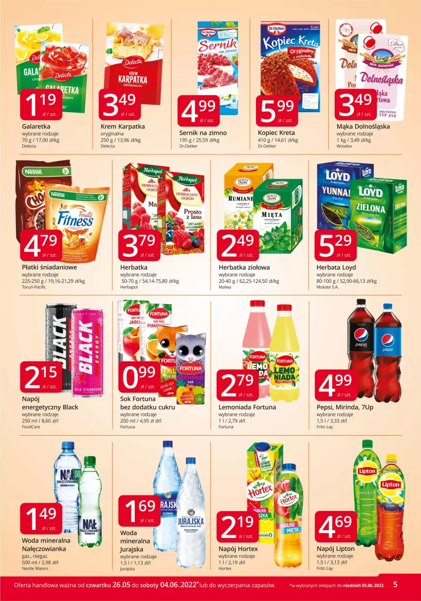 Gazetka promocyjna Market Vita - Gazetka promocyjna – Marketvita - ważna 26.05 do 04.06.2022 - strona 5 - produkty: 7up, Cif, Danio, Delecta, Fortuna, Gala, Galaretka, Gin, Herbapol, Herbata, Hortex, Karp, Kopiec Kreta, Kret, Lack, Lemoniada, Lipton, Loyd, Mąka, Mąka pszenna, Mięta, Mirinda, Nałęczowianka, Napój, Pepsi, Piec, Rum, Ser, Sok, Woda, Woda mineralna, Woseba