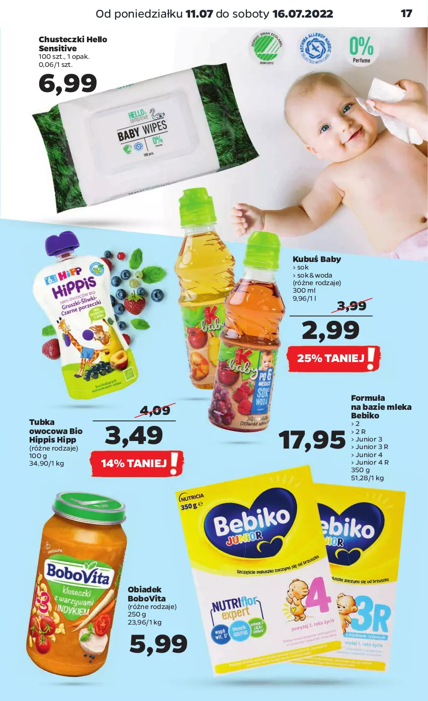 Gazetka promocyjna Netto - Artykuły spożywcze - ważna 11.07 do 16.07.2022 - strona 17 - produkty: Bebiko, BoboVita, Chusteczki, HiPP, Kubuś, Sok, Woda