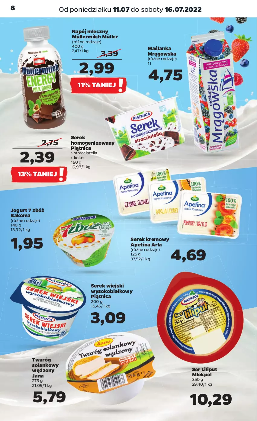 Gazetka promocyjna Netto - Artykuły spożywcze - ważna 11.07 do 16.07.2022 - strona 8 - produkty: Bakoma, Jogurt, Kokos, Maślanka, Müller, Müllermilch, Napój, Napój mleczny, Piątnica, Ser, Serek, Serek homogenizowany, Serek wiejski, Sok, Solan, Twaróg