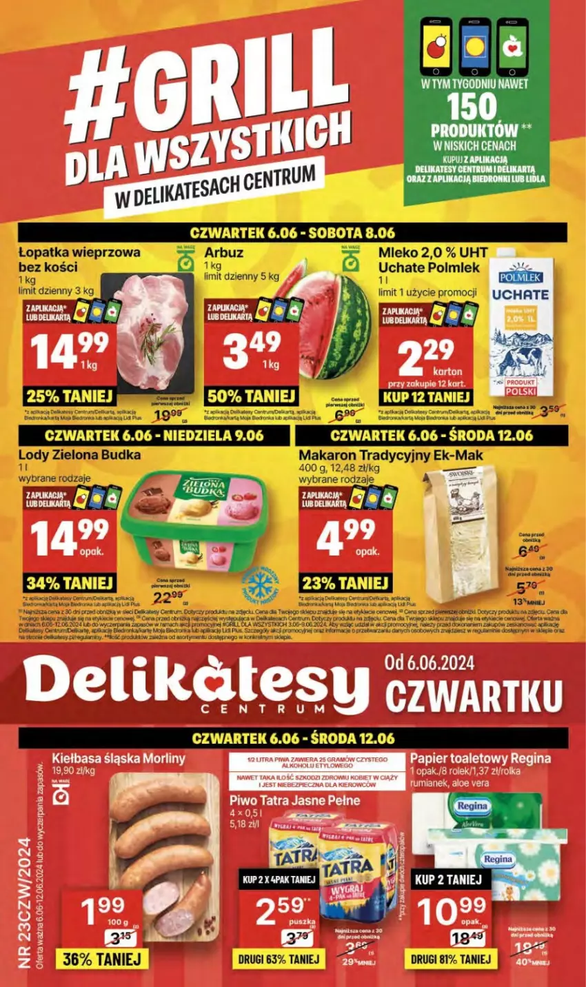 Gazetka promocyjna Delikatesy Centrum - NOWA GAZETKA Delikatesy Centrum od 6 czerwca! 6-12.06.2024 - ważna 06.06 do 12.06.2024 - strona 1 - produkty: Aloe vera, Arbuz, Dell, Dron, Fa, Gra, Kiełbasa, Kiełbasa śląska, LG, Lody, Makaron, Mleko, Morliny, Orka, Piec, Piwa, Piwo, Polmiek, Rama, Rum, Sok, Tatra, Tran, Zielona Budka