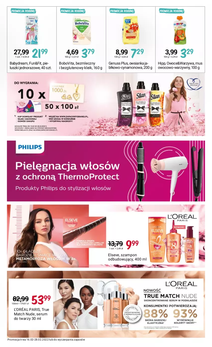 Gazetka promocyjna Rossmann - ważna 16.02 do 28.02.2022 - strona 15 - produkty: Babydream, BoboVita, Elseve, Genuss Plus, HiPP, L’Oréal, Mus, Owoce, Owsianka, Rum, Ser, Serum, Serum do twarzy, Szampon, Warzywa