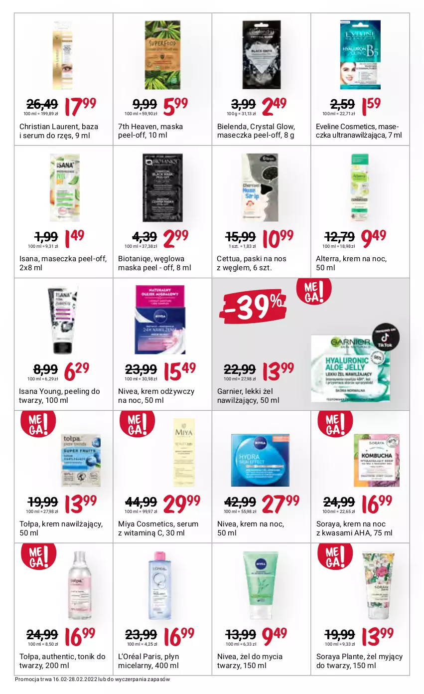 Gazetka promocyjna Rossmann - ważna 16.02 do 28.02.2022 - strona 7 - produkty: Alterra, Bielenda, Cettua, Eveline, Garnier, Isana, Krem na noc, Krem nawilżający, Krem odżywczy, L’Oréal, Laur, Maska, Miya Cosmetics, Nivea, Peeling, Płyn micelarny, Rum, Ser, Serum, Tołpa, Tonik, Tonik do twarzy, Tran, Wasa