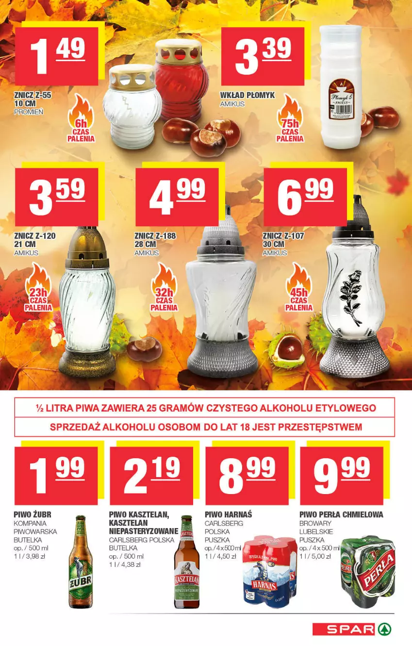 Gazetka promocyjna Spar - ważna 08.10 do 18.10.2021 - strona 9 - produkty: Carlsberg, Kasztelan, Perła, Piwo, Znicz