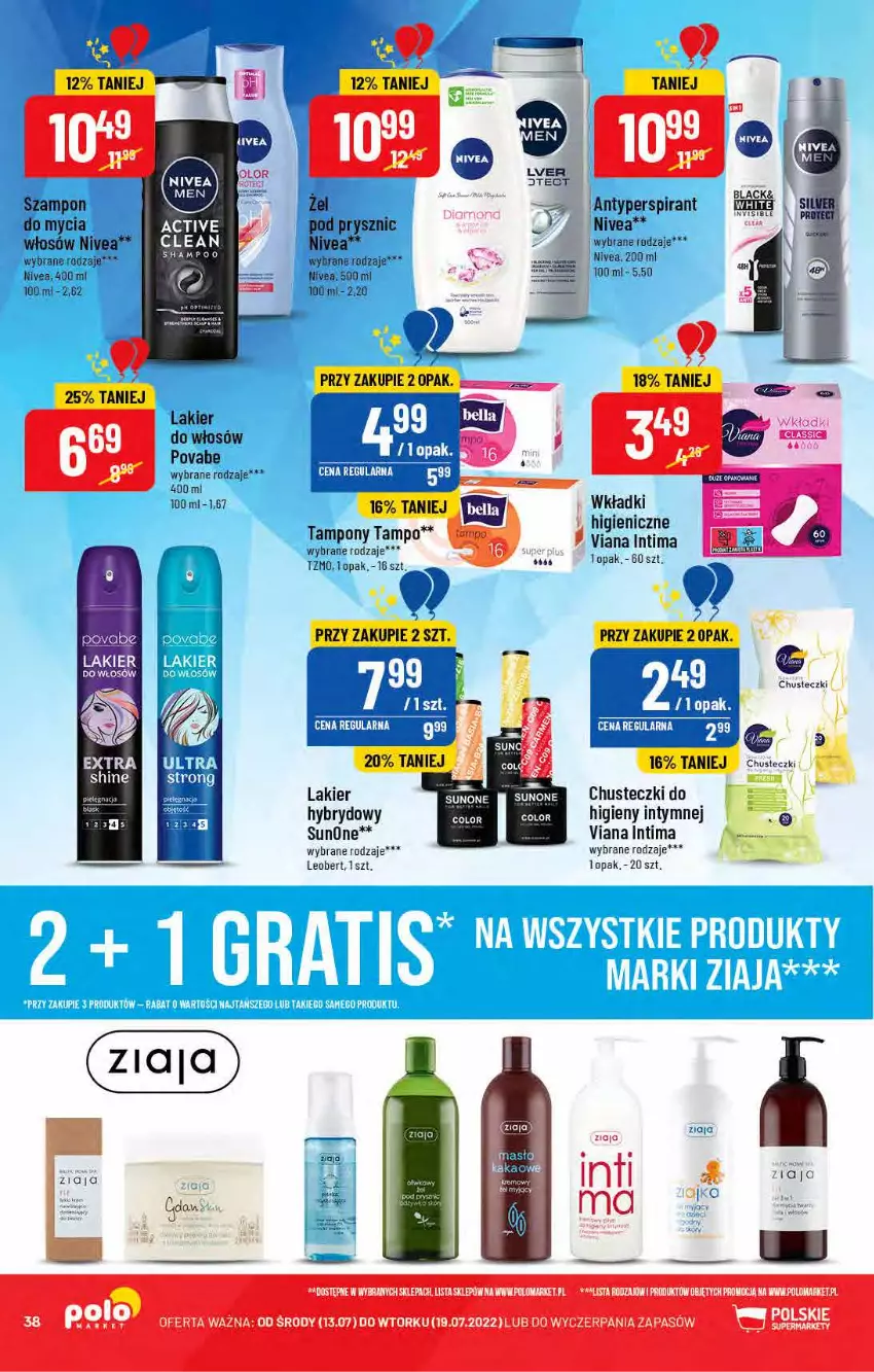 Gazetka promocyjna PoloMarket - Gazetka pomocyjna - ważna 13.07 do 19.07.2022 - strona 38 - produkty: Antyperspirant, Chusteczki, Chusteczki do higieny, EPEE, Lack, Lakier, Lakier do włosów, Nivea, Por, Szampon, Tampony, Wkładki