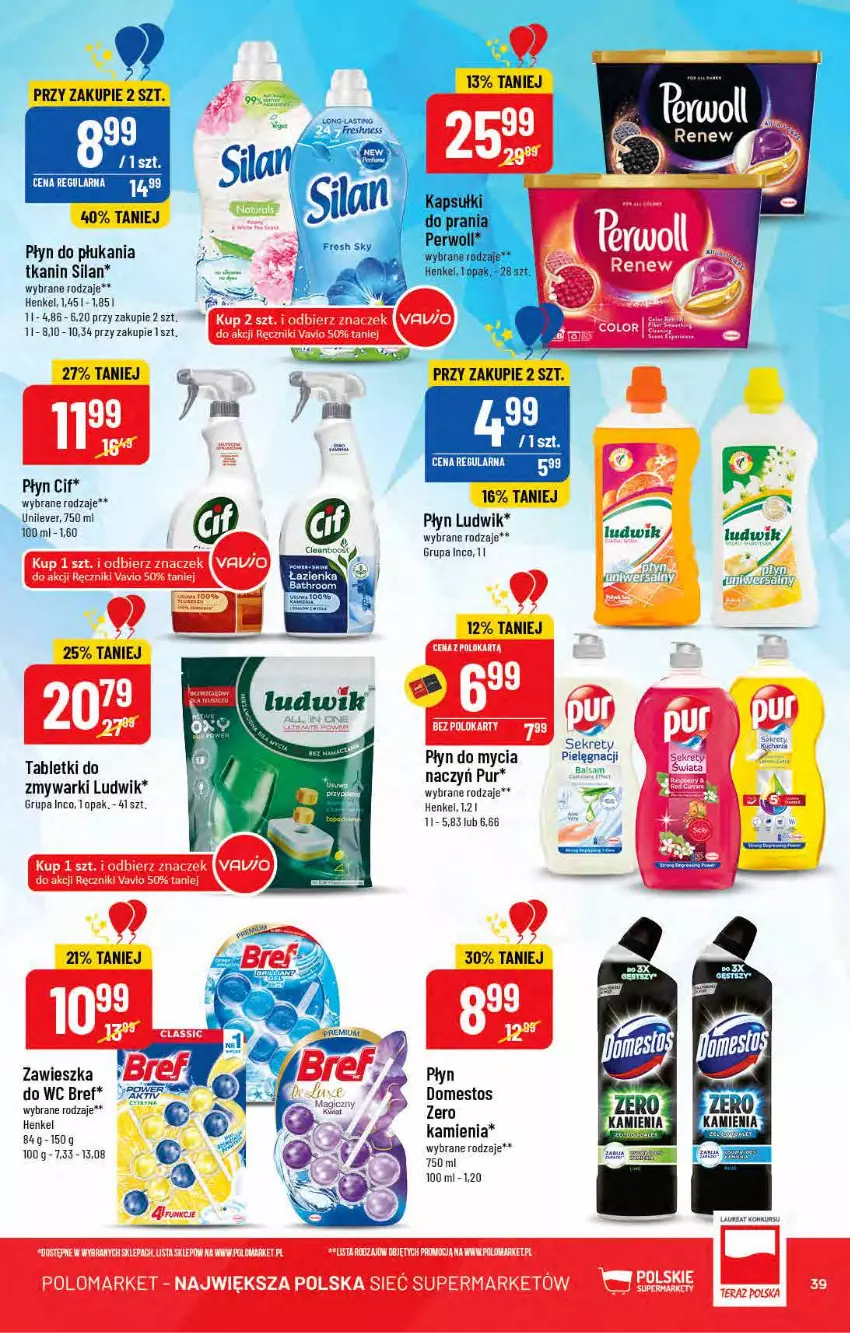 Gazetka promocyjna PoloMarket - Gazetka pomocyjna - ważna 13.07 do 19.07.2022 - strona 39 - produkty: Bref, Cif, Domestos, Kret, Ludwik, Płyn do mycia, Płyn do płukania, Silan, Zawieszka do wc, Zmywarki