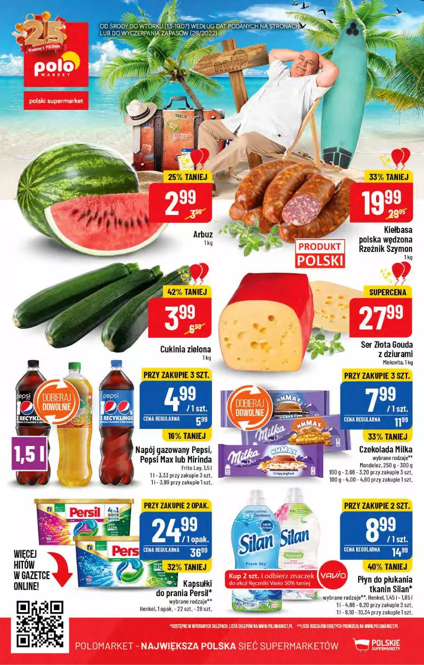 Gazetka promocyjna PoloMarket - Gazetka pomocyjna - ważna 13.07 do 19.07.2022 - strona 56 - produkty: Czekolada, Gouda, Kiełbasa, Milka, Mirinda, Mleko, Mlekovita, Napój, Napój gazowany, Pepsi, Pepsi max, Persil, Płyn do płukania, Ser, Silan