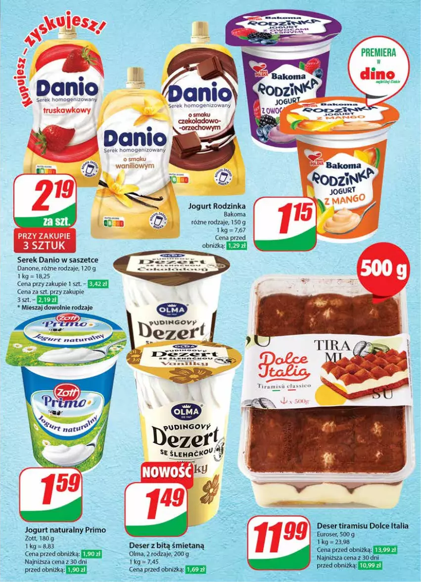 Gazetka promocyjna Dino - Gazetka 12 / 2024 - ważna 20.03 do 26.03.2024 - strona 41 - produkty: Bakoma, Danio, Danone, Deser, Inka, Jogurt, Jogurt naturalny, Olma, Ser, Serek, Serek homogenizowany, Zott