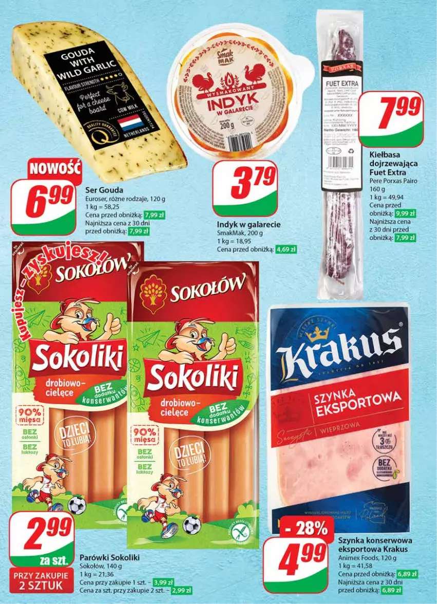 Gazetka promocyjna Dino - Gazetka 12 / 2024 - ważna 20.03 do 26.03.2024 - strona 46 - produkty: Gouda, Kiełbasa, Parówki, Parówki sokoliki, Por, Ser, Sok, Sokołów, Sport, Szynka