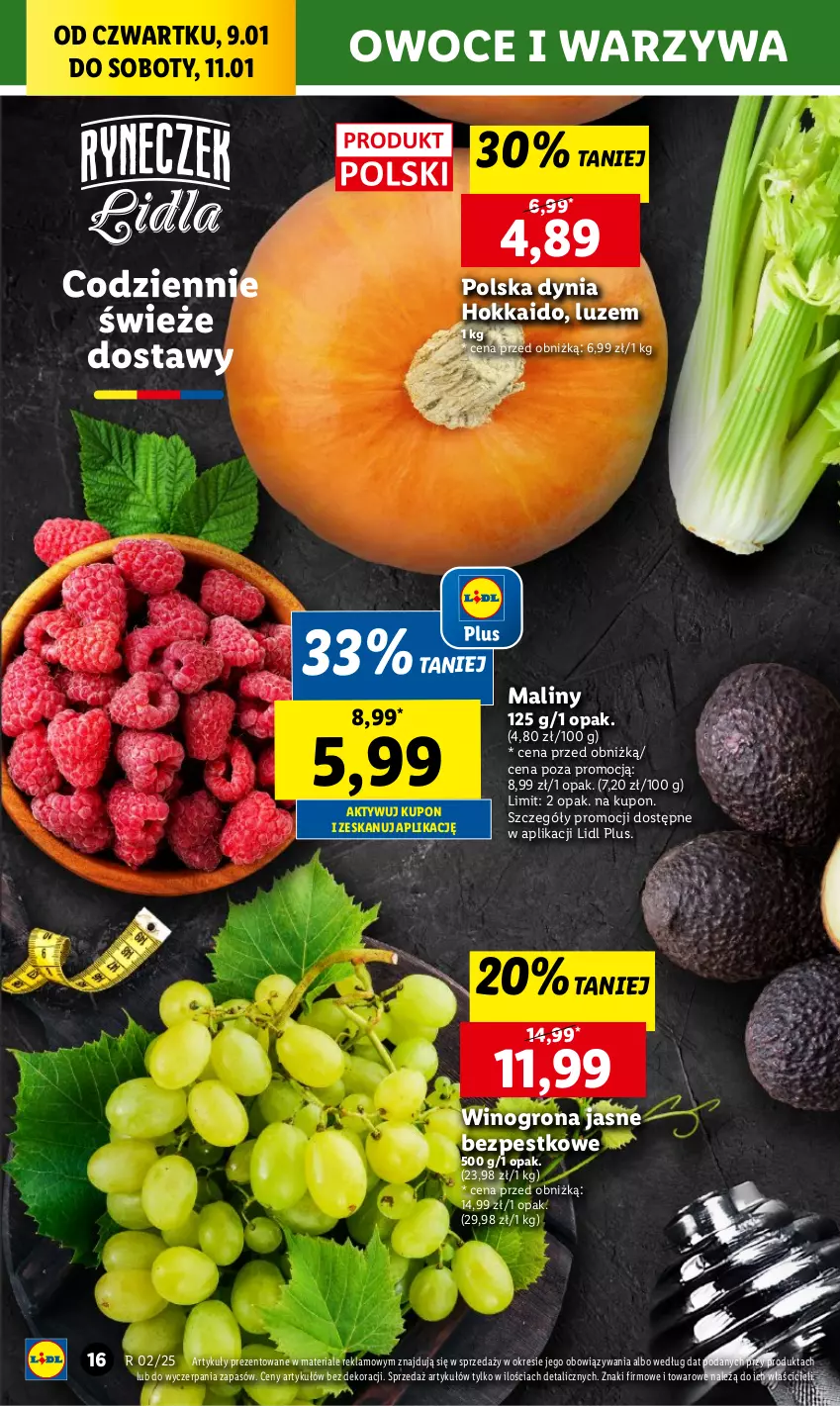 Gazetka promocyjna Lidl - GAZETKA - ważna 09.01 do 11.01.2025 - strona 18 - produkty: Maliny, Owoce, Warzywa, Wino, Winogrona