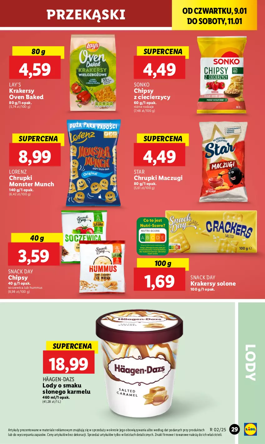 Gazetka promocyjna Lidl - GAZETKA - ważna 09.01 do 11.01.2025 - strona 35 - produkty: Chipsy, Chrupki, Hummus, Krakersy, Lay’s, Lody, Lorenz, Monster Munch, Mus, Sonko