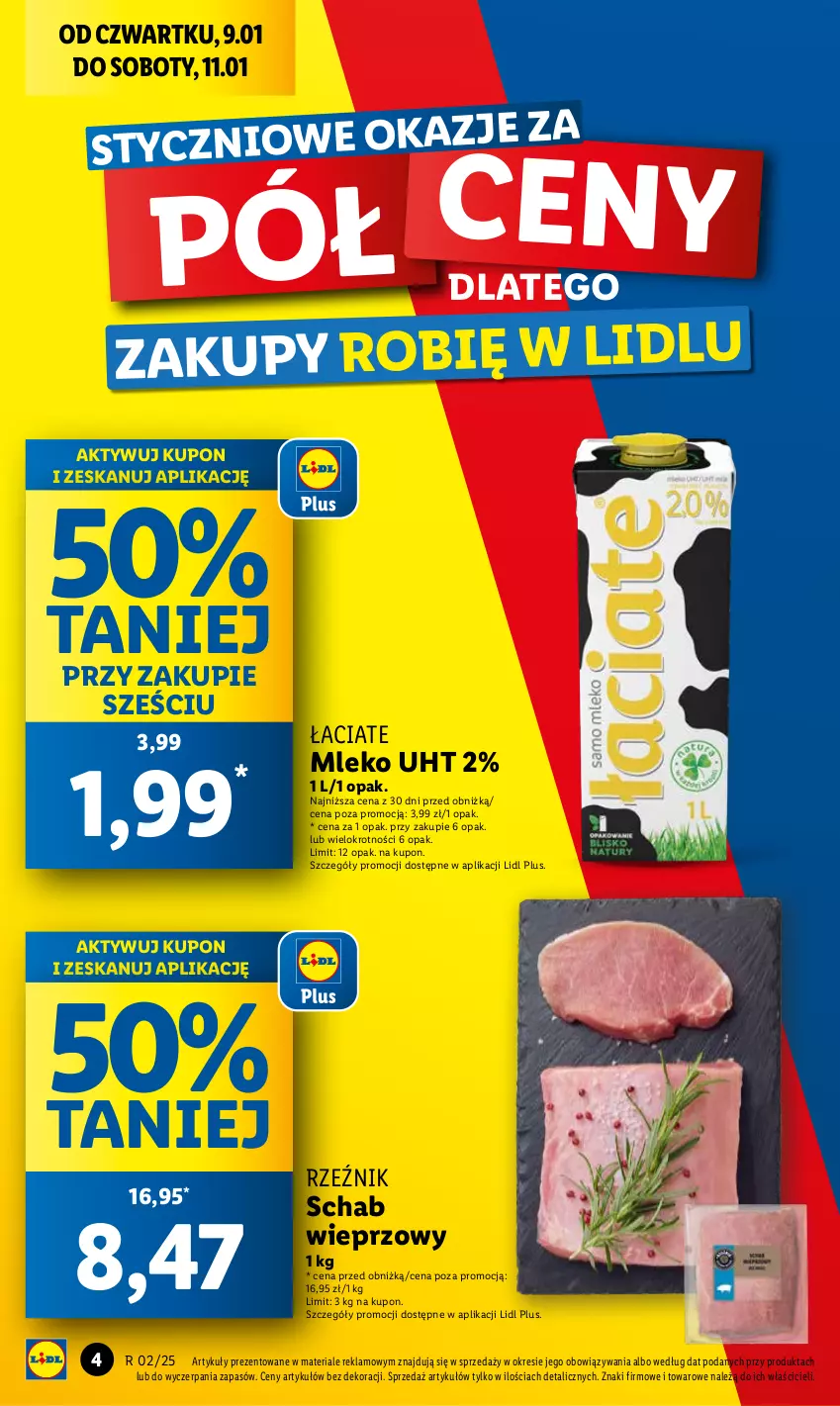 Gazetka promocyjna Lidl - GAZETKA - ważna 09.01 do 11.01.2025 - strona 4 - produkty: Mleko, Schab wieprzowy