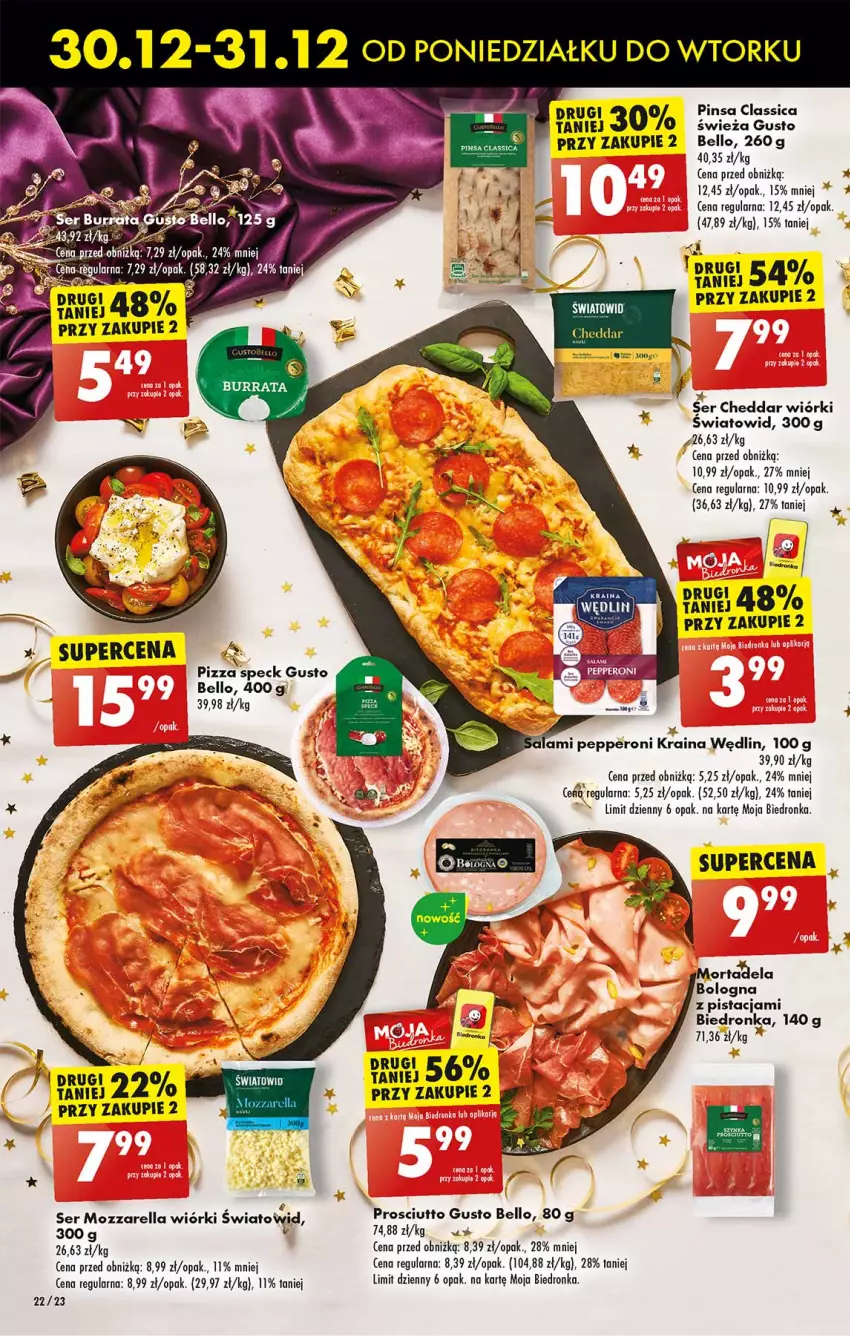 Gazetka promocyjna Biedronka - Od poniedzialku - ważna 30.12.2024 do 04.01.2025 - strona 22 - produkty: Bell, Cheddar, Dron, LG, Mozzarella, Pizza, Prosciutto, Salami, Ser