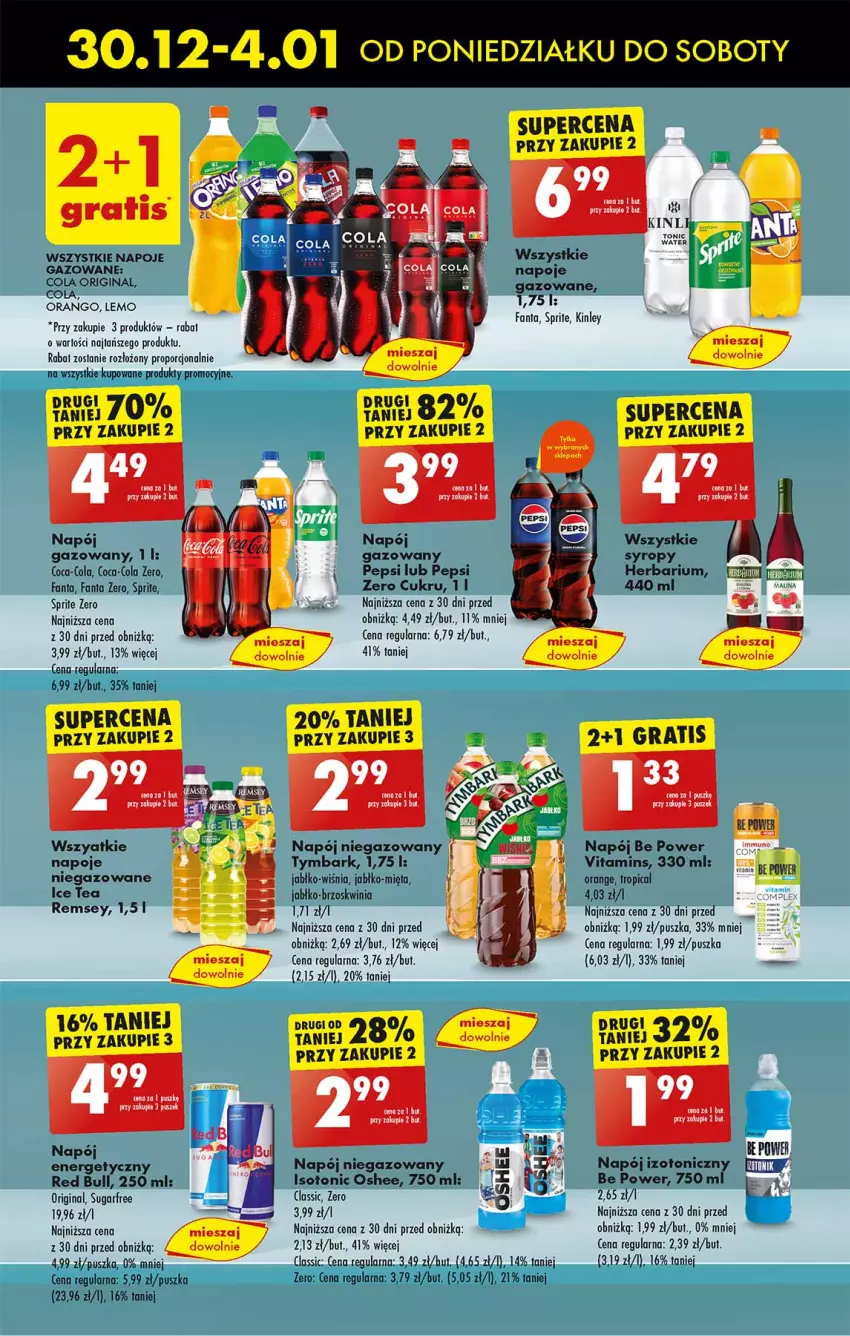 Gazetka promocyjna Biedronka - Od poniedzialku - ważna 30.12.2024 do 04.01.2025 - strona 49 - produkty: Coca-Cola, Fa, Fanta, Gin, Gra, Ice tea, Leon, Mięta, Napój, Napój gazowany, Napój niegazowany, Napoje, Oshee, Pepsi, Por, Red Bull, Sprite, Syrop, Syropy, Tropical, Tymbark