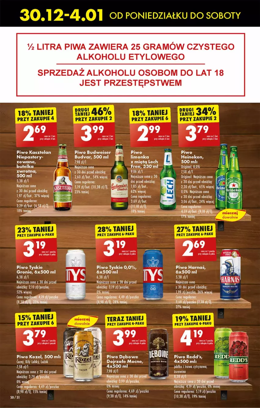 Gazetka promocyjna Biedronka - Od poniedzialku - ważna 30.12.2024 do 04.01.2025 - strona 50 - produkty: Fa, Gra, Heineken, Kasztelan, Kozel, Leon, Piwa, Piwo, Redd's, Ser, Tarta, Tyskie