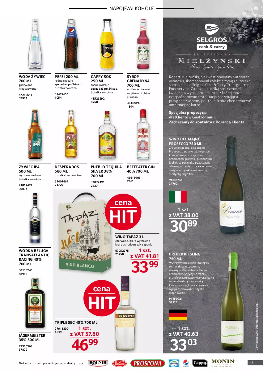 Gazetka promocyjna Selgros - Oferta gastronomiczna - ważna 01.10 do 31.10.2021 - strona 13 - produkty: Alkohole, Cappy, Cytryny, Desperados, Gin, Grejpfrut, LG, Napoje, Pepsi, Piec, Prosecco, Ser, Sok, Stek, Syrop, Tequila, Tran, Wino, Woda, Wódka