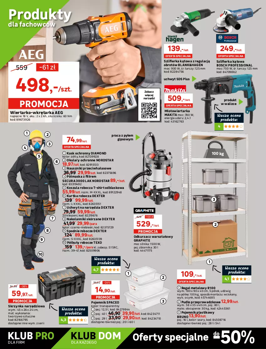 Gazetka promocyjna Leroy Merlin - Gazetka Leroy Merlin - ważna 03.08 do 23.08.2022 - strona 18 - produkty: AEG, Bosch, Buty, Buty robocze, Cynk, Dźwig, Ekogroszek, Fa, Gra, Groszek, Grzejnik, Kask, Kosz, Koszula, Kurtka, Kurtka robocza, Makita, Maska, Młot, Młotowiertarka, Odkurzacz, Odkurzacz warsztatowy, Okulary ochronne, Perła, Pojemnik, Pojemnik plastikowy, Półbuty, Przewód, Regał, Regał metalowy, Rura, Ser, Skrzynka narzędziowa, Spodnie, Szlifierka, Szlifierka kątowa, T-shirt, Tablet, Tarka, Termos, Tran, Wiertarka, Wkręt, Wkrętarka