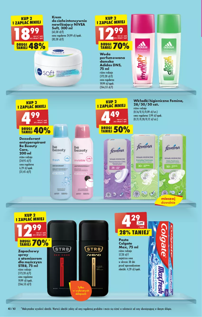 Gazetka promocyjna Biedronka - ważna 10.04 do 15.04.2023 - strona 42 - produkty: Adidas, Antyperspirant, Be Be, Colgate, Fa, Krem do ciała, LG, Nivea, Perfum, Sok, Str8, Wkładki, Woda, Woda perfumowana