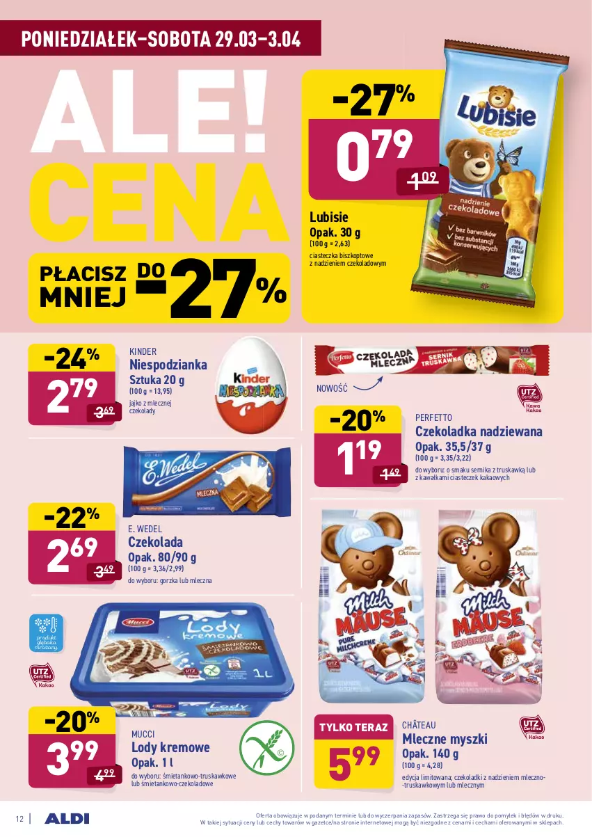 Gazetka promocyjna Aldi - ALE! CENA od Poniedziałku - ważna 29.03 do 03.04.2021 - strona 12 - produkty: Czekolada, E. Wedel, Kakao, Kawa, Kinder, Lody, Lubisie, Mysz, Ser, Tera