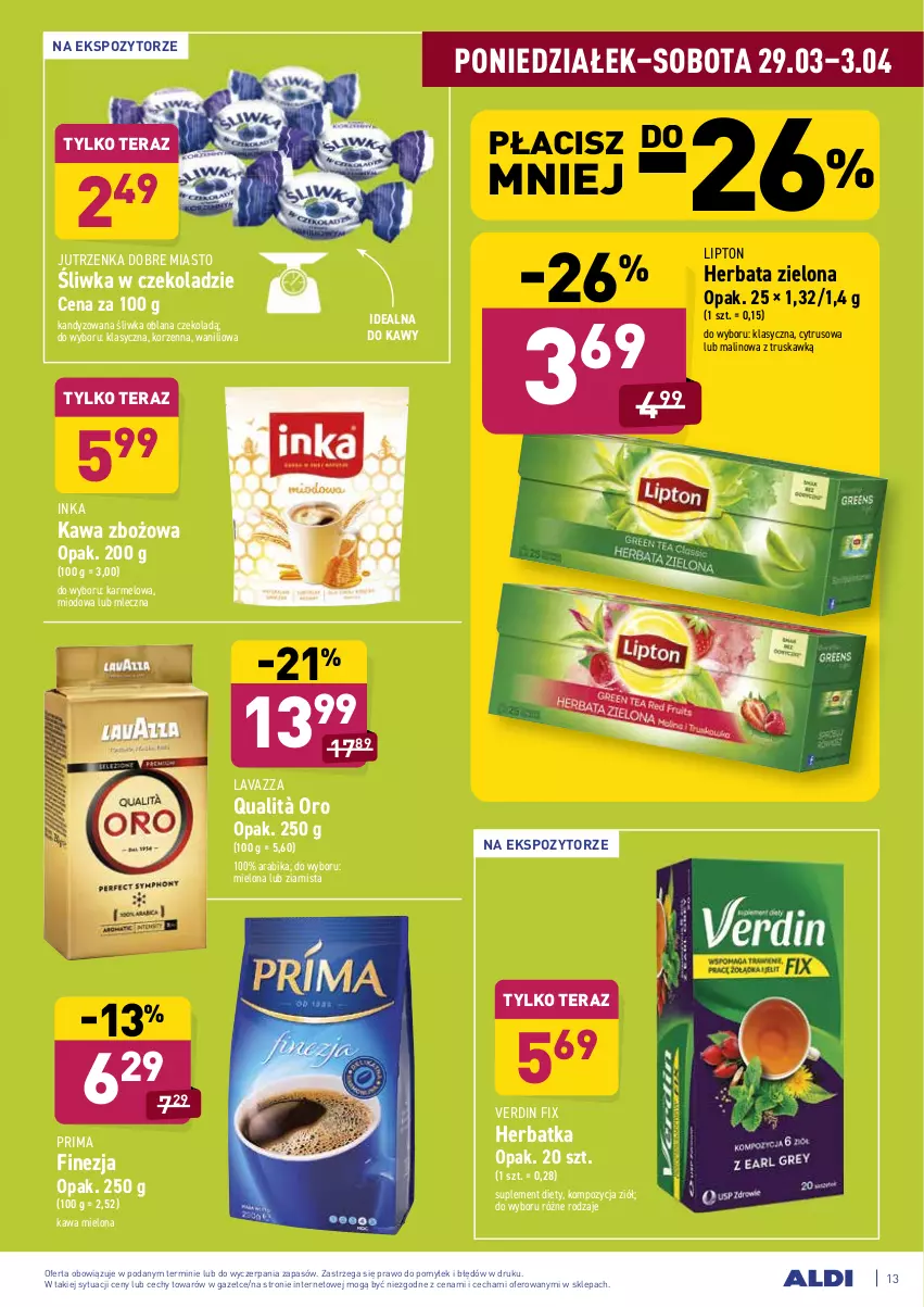 Gazetka promocyjna Aldi - ALE! CENA od Poniedziałku - ważna 29.03 do 03.04.2021 - strona 13 - produkty: Herbata, Inka, Jutrzenka, Kawa, Kawa mielona, Kawa zbożowa, LANA, Lavazza, Lipton, Prima, Suplement diety, Tera