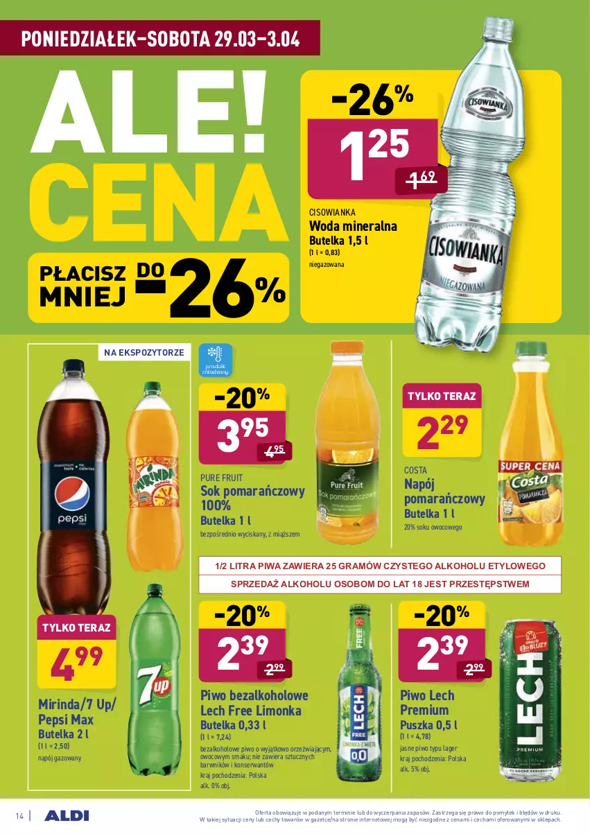 Gazetka promocyjna Aldi - ALE! CENA od Poniedziałku - ważna 29.03 do 03.04.2021 - strona 14 - produkty: Cisowianka, Gra, Lech Premium, Limonka, Mirinda, Napój, Napój gazowany, Pepsi, Pepsi max, Piwa, Piwo, Pur, Ser, Sok, Sok pomarańczowy, Tera, Woda, Woda mineralna