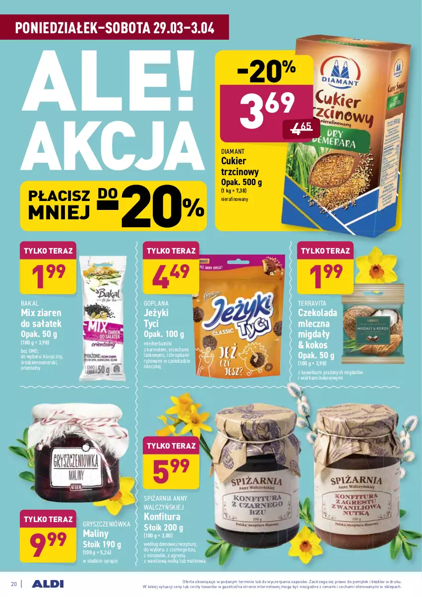 Gazetka promocyjna Aldi - ALE! CENA od Poniedziałku - ważna 29.03 do 03.04.2021 - strona 20 - produkty: Cukier, Cukier trzcinowy, Czekolada, Czekolada mleczna, Diamant, Goplana, Gres, Gry, Herbatniki, Jeżyki, Kawa, Kokos, Konfitura, LANA, Maliny, Migdały, Ryż, Sałat, Syrop, Tera, Vita C