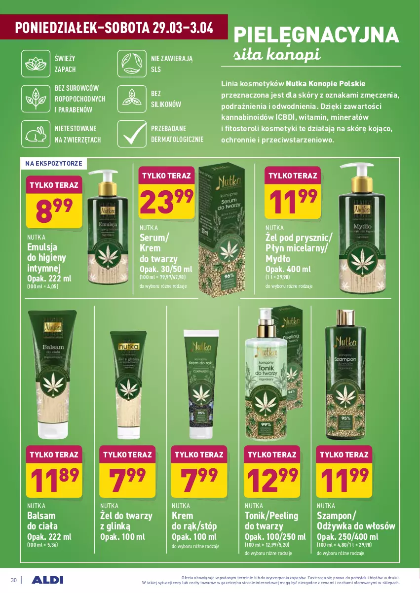 Gazetka promocyjna Aldi - ALE! CENA od Poniedziałku - ważna 29.03 do 03.04.2021 - strona 30 - produkty: Balsam do ciała, Emulsja, Krem do rąk, Krem do twarzy, Mydło, Odżywka, Peeling, Płyn micelarny, Rum, Ser, Serum, Szampon, Tera, Tonik, Toster, Zwierzęta