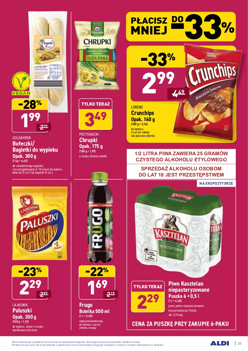 Gazetka promocyjna Aldi - ALE! CENA od Poniedziałku - ważna 29.03 do 03.04.2021 - strona 33 - produkty: Bułeczki, Cebula, Chrupki, Crunchips, Gra, Kasztelan, Lajkonik, Lorenz, Mango, Napój, Piec, Piwa, Piwo, Przysnacki, Ser, Tera