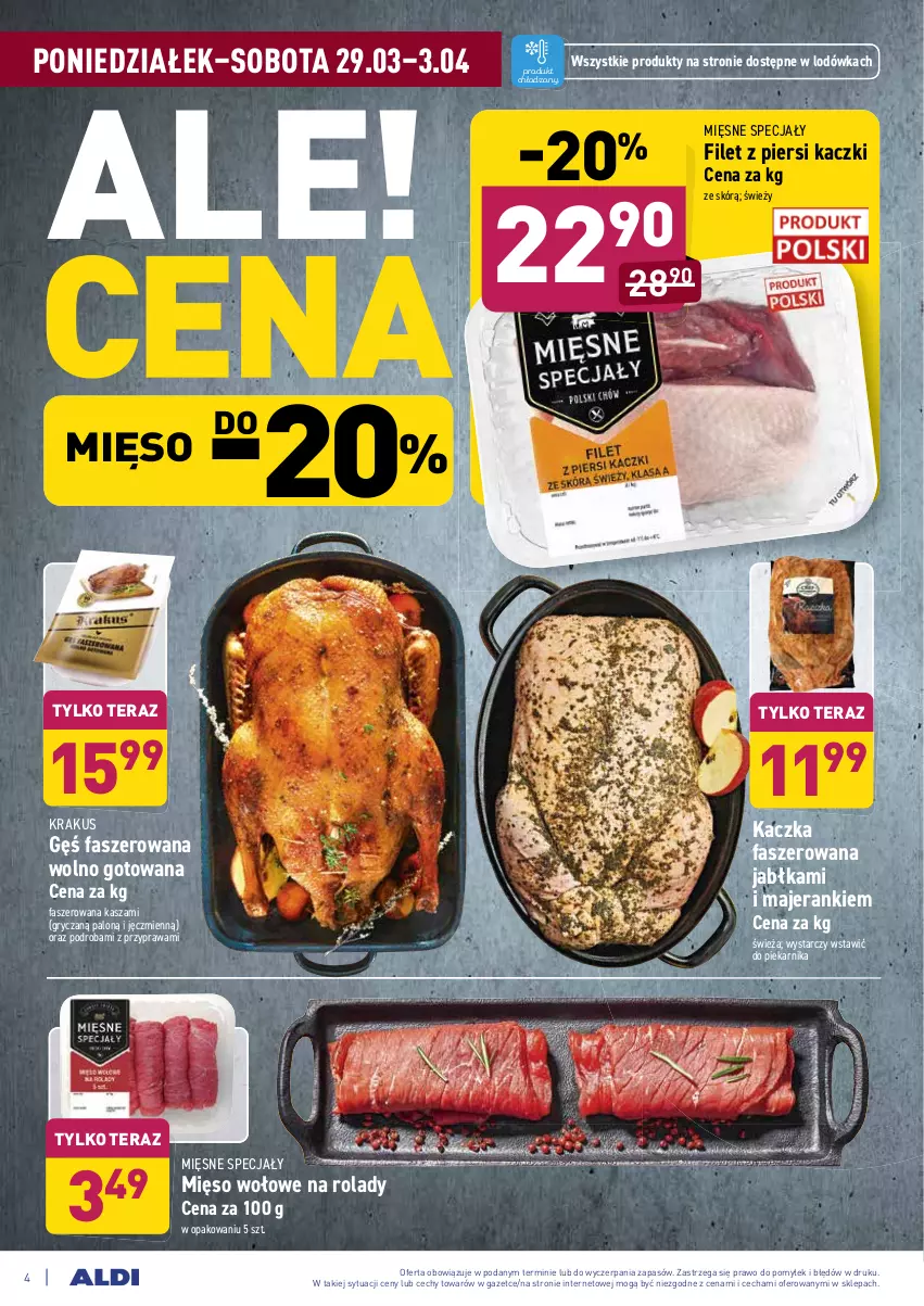 Gazetka promocyjna Aldi - ALE! CENA od Poniedziałku - ważna 29.03 do 03.04.2021 - strona 4 - produkty: Fa, Filet z piersi kaczki, Gry, Jabłka, Kaczka, Kaczka faszerowana, Kasza, Krakus, Lodówka, Mięsne specjały, Mięso, Mięso wołowe, Piekarnik, Tera