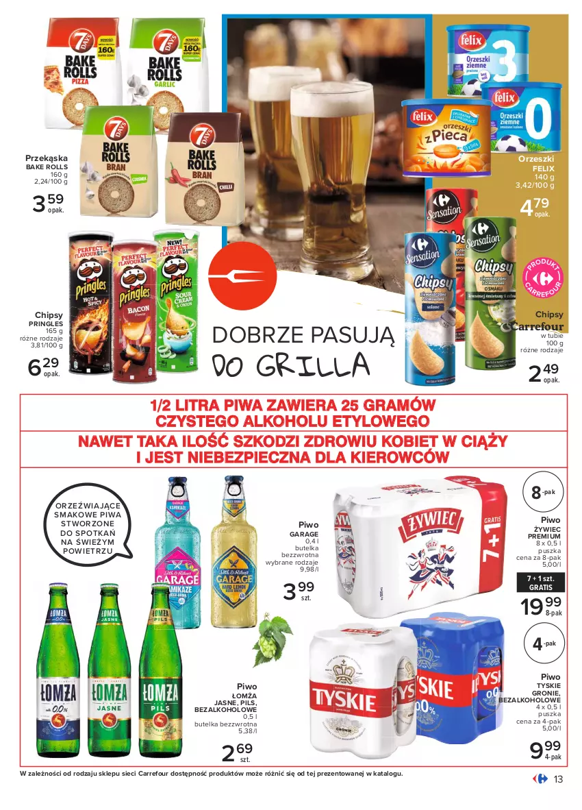 Gazetka promocyjna Carrefour - Gazetka Pyszny świat grilla - ważna 27.05 do 12.06.2021 - strona 13 - produkty: Bake Rolls, Chipsy, Felix, Gra, Grill, Orzeszki, Piec, Piwa, Piwo, Pringles, Tyskie