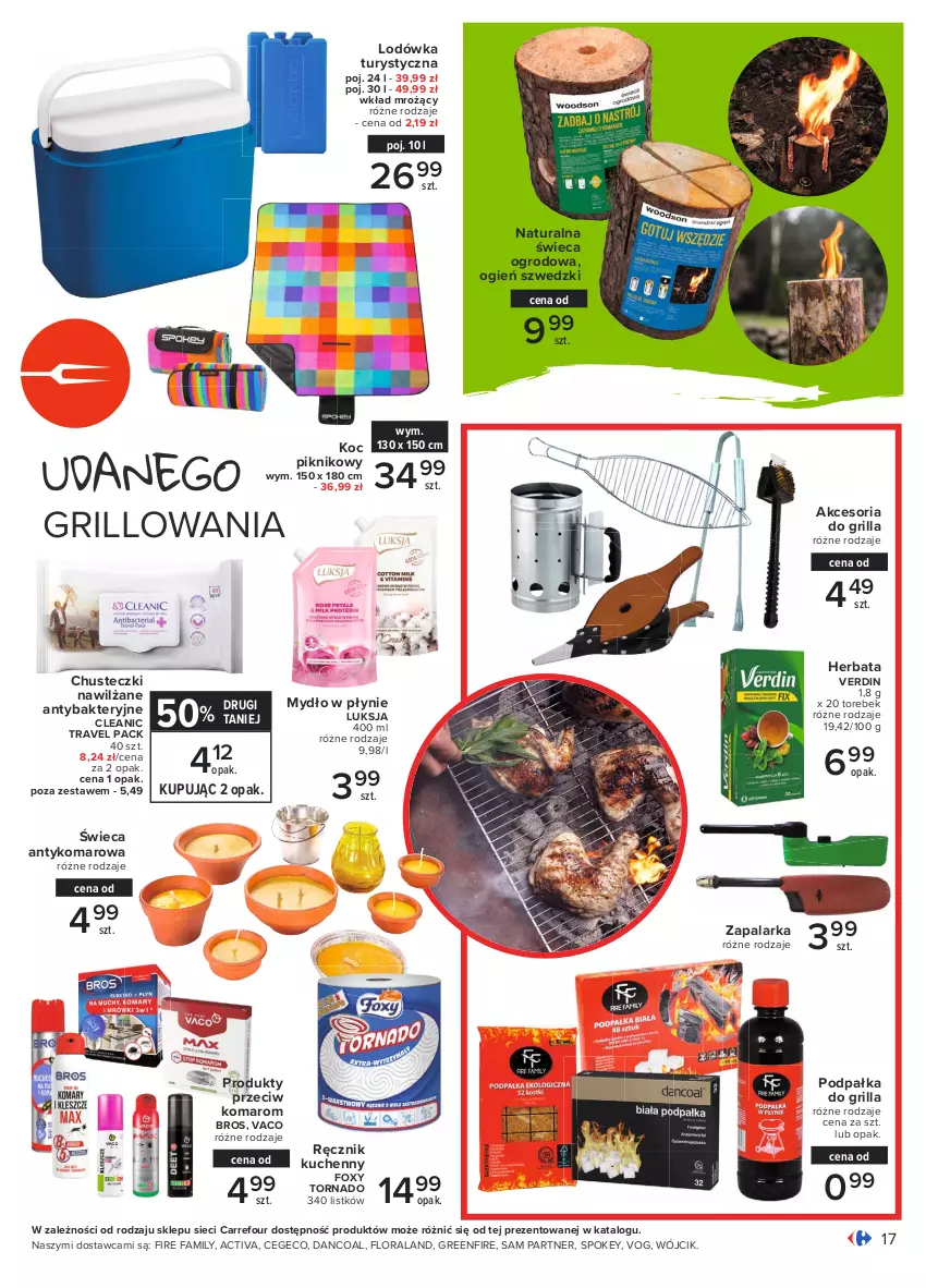 Gazetka promocyjna Carrefour - Gazetka Pyszny świat grilla - ważna 27.05 do 12.06.2021 - strona 17 - produkty: Chusteczki, Cleanic, Fa, Flora, Foxy, Grill, Herbata, Koc, Lodówka, Luksja, Mydło, Mydło w płynie, Ręcznik, Ręcznik kuchenny, Zapalarka