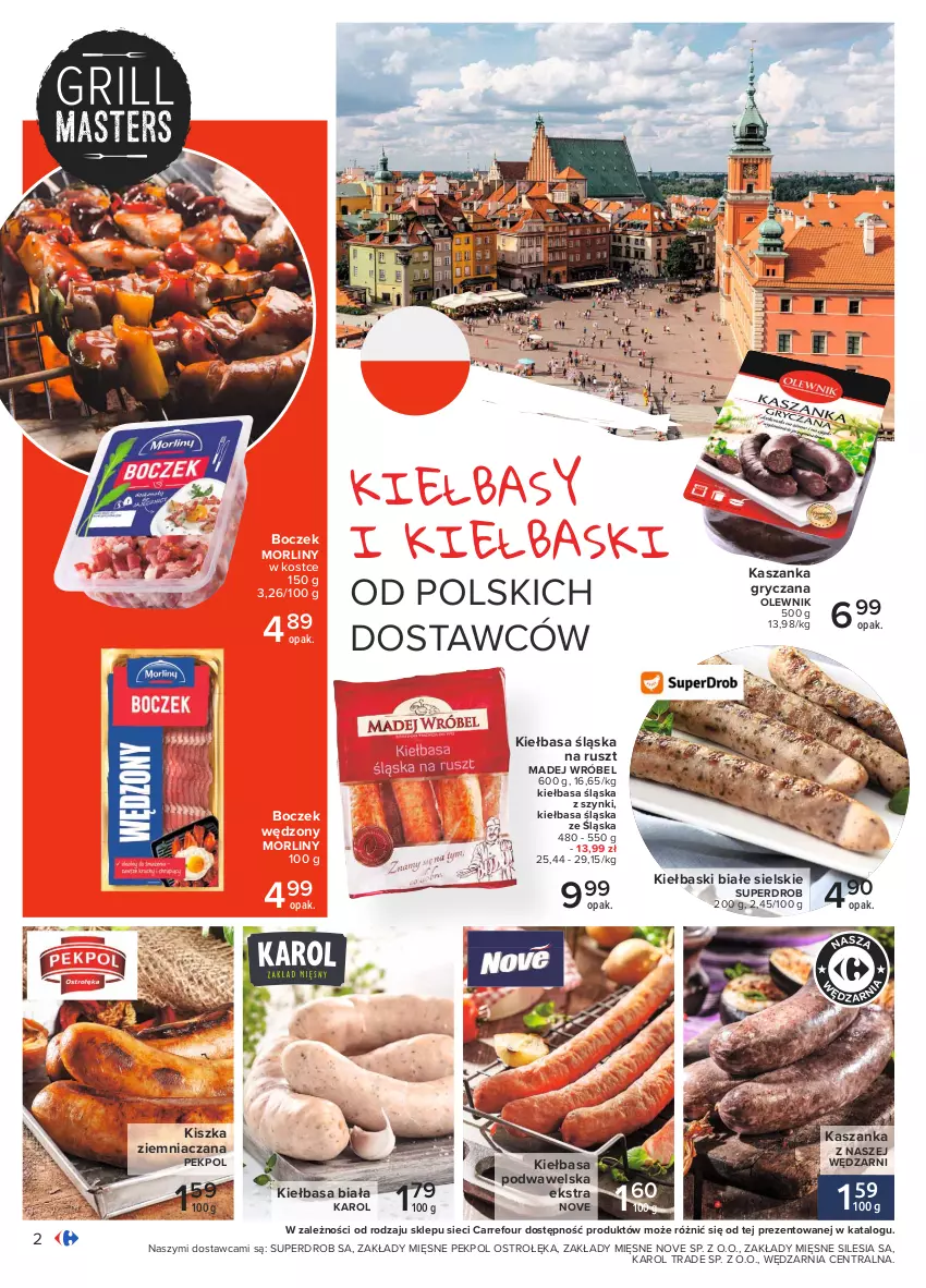 Gazetka promocyjna Carrefour - Gazetka Pyszny świat grilla - ważna 27.05 do 12.06.2021 - strona 2 - produkty: Boczek, Gry, Kasza, Kaszanka, Kiełbasa, Kiełbasa biała, Kiełbasa podwawelska, Kiełbasa śląska, Kiełbaski białe, Madej Wróbel, Morliny, Olewnik, Pekpol, Wawel