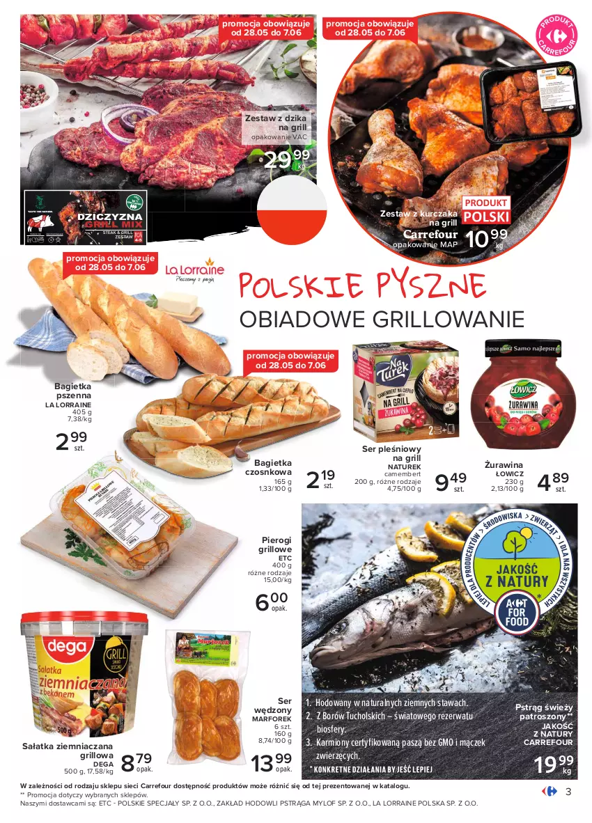 Gazetka promocyjna Carrefour - Gazetka Pyszny świat grilla - ważna 27.05 do 12.06.2021 - strona 3 - produkty: Bagietka, Bagietka czosnkowa, Bagietka pszenna, Camembert, Dega, Grill, Karmi, Kurczak, NaTurek, Pierogi, Pstrąg, Sałat, Sałatka, Ser, Ser pleśniowy