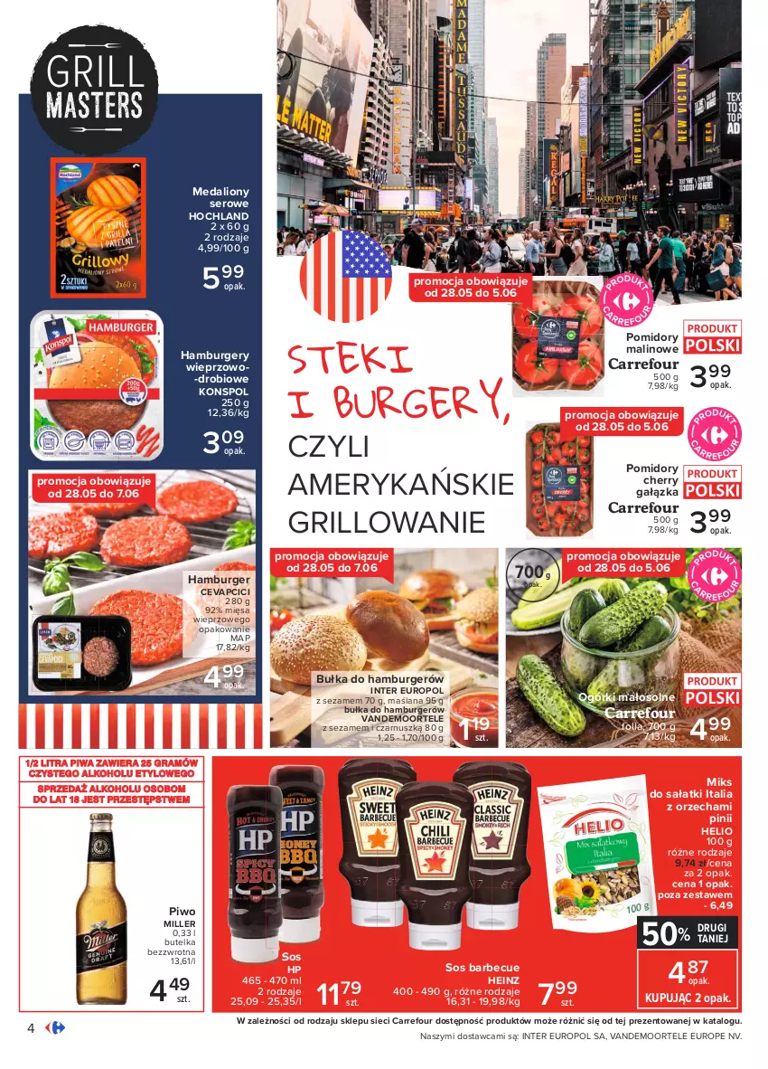 Gazetka promocyjna Carrefour - Gazetka Pyszny świat grilla - ważna 27.05 do 12.06.2021 - strona 4 - produkty: Bułka, Burger, Gra, Grill, Hamburger, Heinz, Helio, Hochland, HP, LANA, Lion, Piwa, Piwo, Pomidory, Sałat, Ser, Sezam, Sos, Stek