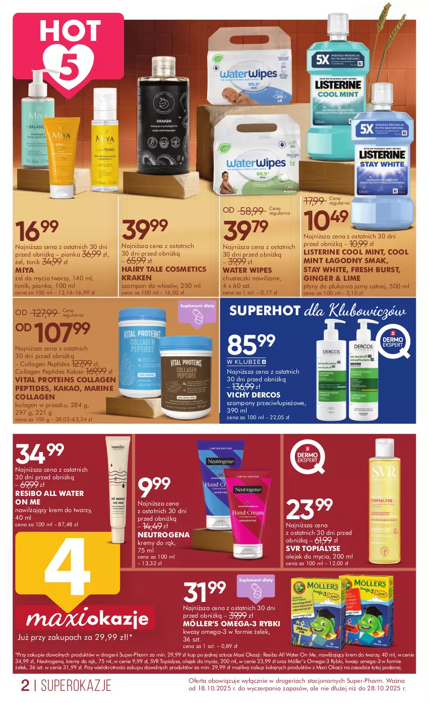 Gazetka promocyjna Super Pharm - Gazetka - ważna 16.10 do 28.10.2025 - strona 2 - produkty: Chusteczki, Gin, Kakao, Kolagen, Krem do twarzy, Listerine, Neutrogena, Olej, Omega-3, SVR, Szampon, Tonik, Top, Vichy