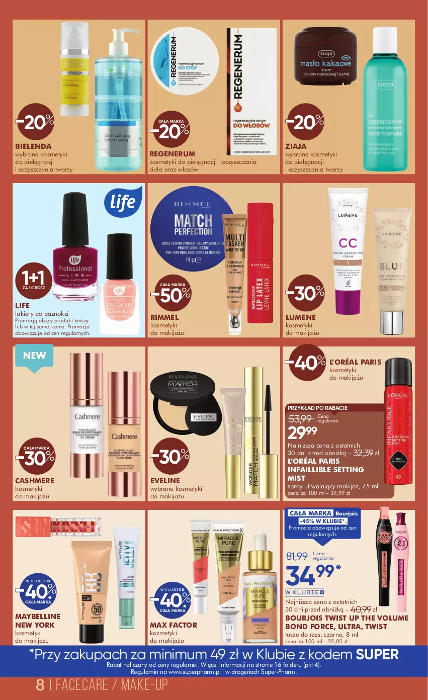 Gazetka promocyjna Super Pharm - Gazetka - ważna 16.10 do 28.10.2025 - strona 8 - produkty: Bell, Bielenda, Bourjois, Eveline, Fa, Kosmetyki do pielęgnacji, L’Oréal, Lakier, Makijaż, Max Factor, Maybelline, Rum, Tusz, Ziaja