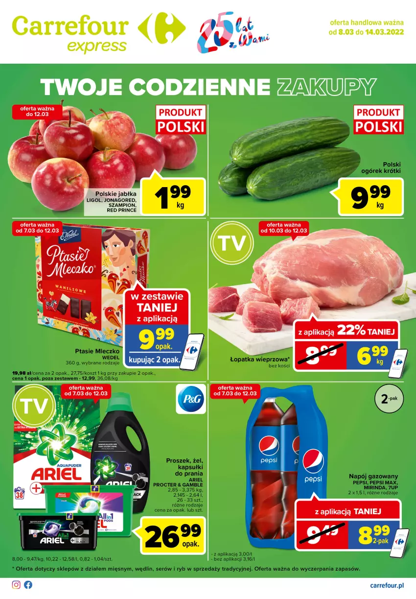 Gazetka promocyjna Carrefour - Gazetka Express - ważna 01.03 do 07.03.2022 - strona 1 - produkty: Jabłka, Kosz, Ligol, Mleczko, Ogórek, Ptasie mleczko, Puder, Ser, Szampion