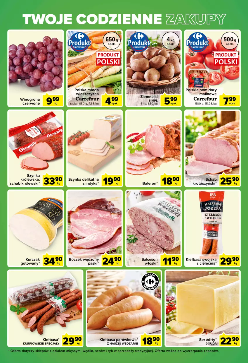 Gazetka promocyjna Carrefour - Gazetka Express - ważna 01.03 do 07.03.2022 - strona 5 - produkty: Boczek, Gouda, Kiełbasa, Królewski, Kurczak, Pomidory, Salceson, Ser, Szynka, Wino, Winogrona, Ziemniaki