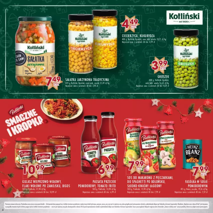 Gazetka promocyjna Stokrotka - Katalog Boże Narodzenie - ważna 14.12 do 27.12.2023 - strona 42 - produkty: Bigos, Fa, Flaki, Flaki wołowe, Groszek, Heinz, Kukurydza, Makaron, Mięso, Ogród, Owoce, Piec, Pieczarka, Pudliszki, Sałat, Sałatka, Sos, Sos do makaronu, Spaghetti, Warzywa