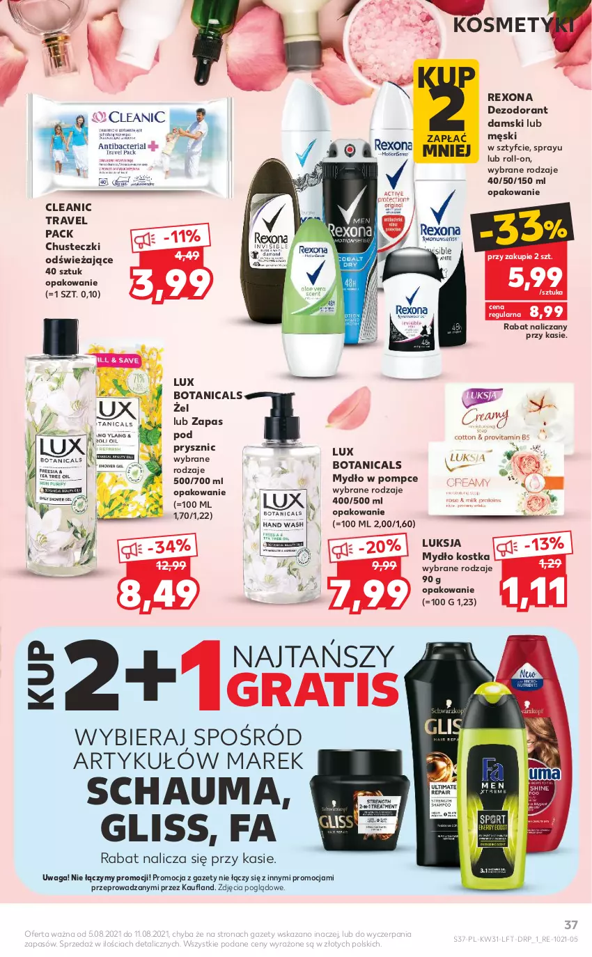 Gazetka promocyjna Kaufland - OFERTA TYGODNIA - ważna 05.08 do 11.08.2021 - strona 37 - produkty: Chusteczki, Cleanic, Dezodorant, Fa, Gra, Luksja, Mydło, Rexona, Schauma, Waga