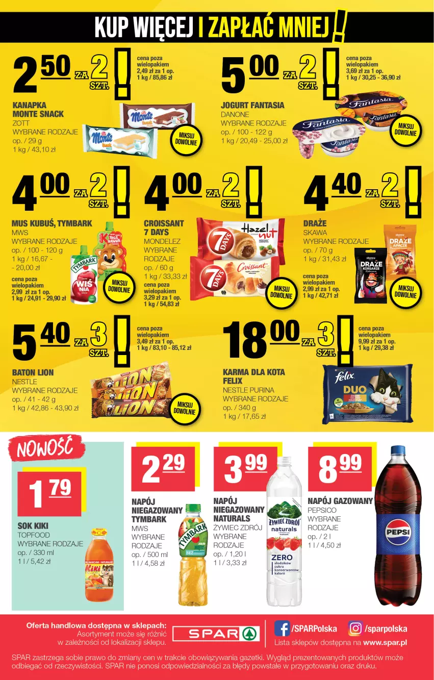 Gazetka promocyjna Spar - Spar - ważna 07.09 do 17.09.2025 - strona 8 - produkty: 7 Days, Baton, Danone, Fa, Fanta, Felix, Jogurt, Kawa, Kubuś, Lion, Monte, Mus, Pur, Purina, Tymbark, Zott