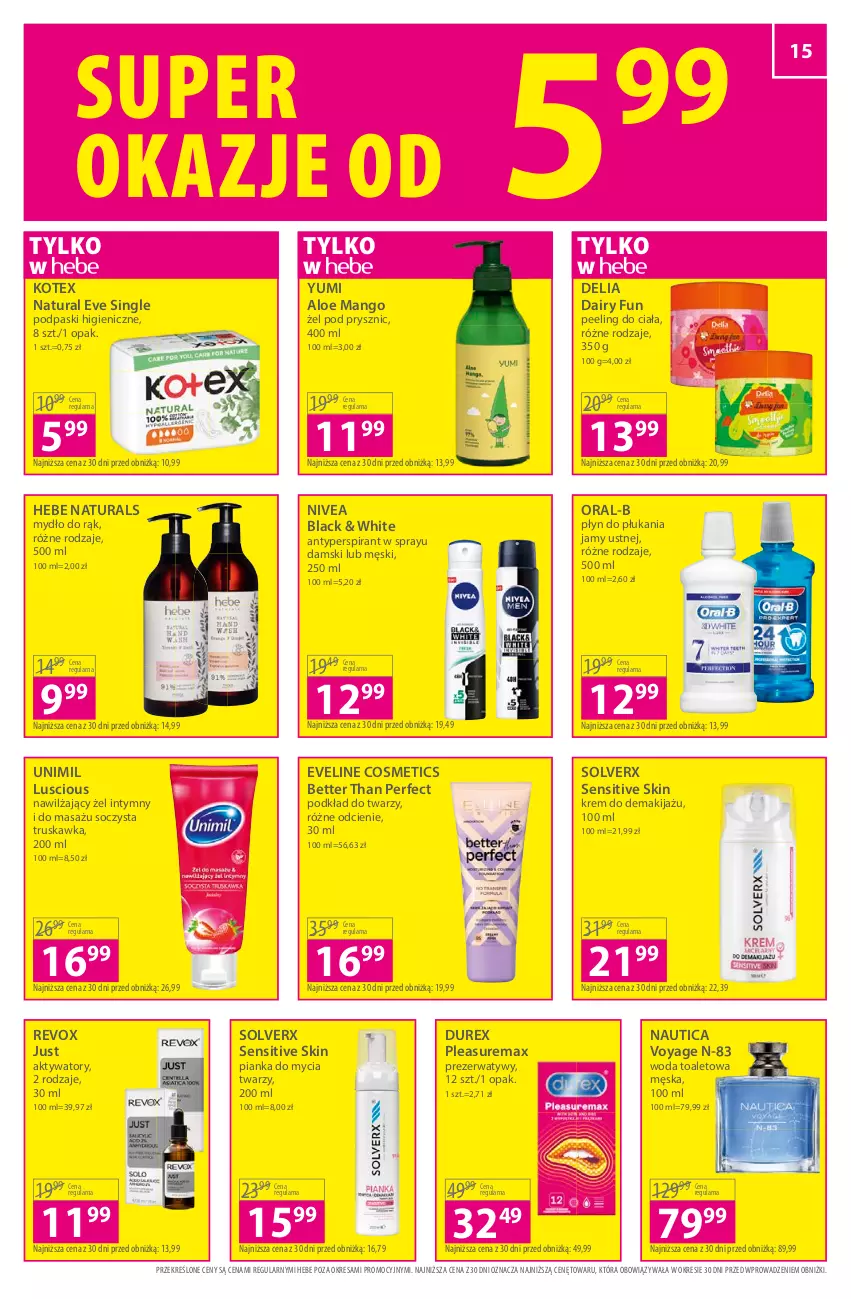 Gazetka promocyjna Hebe - Gazetka - ważna 15.06 do 28.06.2023 - strona 15 - produkty: Antyperspirant, Durex, Eveline, Lack, Makijaż, Mango, Mydło, Nivea, Peeling, Pianka do mycia twarzy, Płyn do płukania, Płyn do płukania jamy ustnej, Podkład, Podkład do twarzy, Podpaski, Prezerwatyw, Unimil, Woda, Woda toaletowa