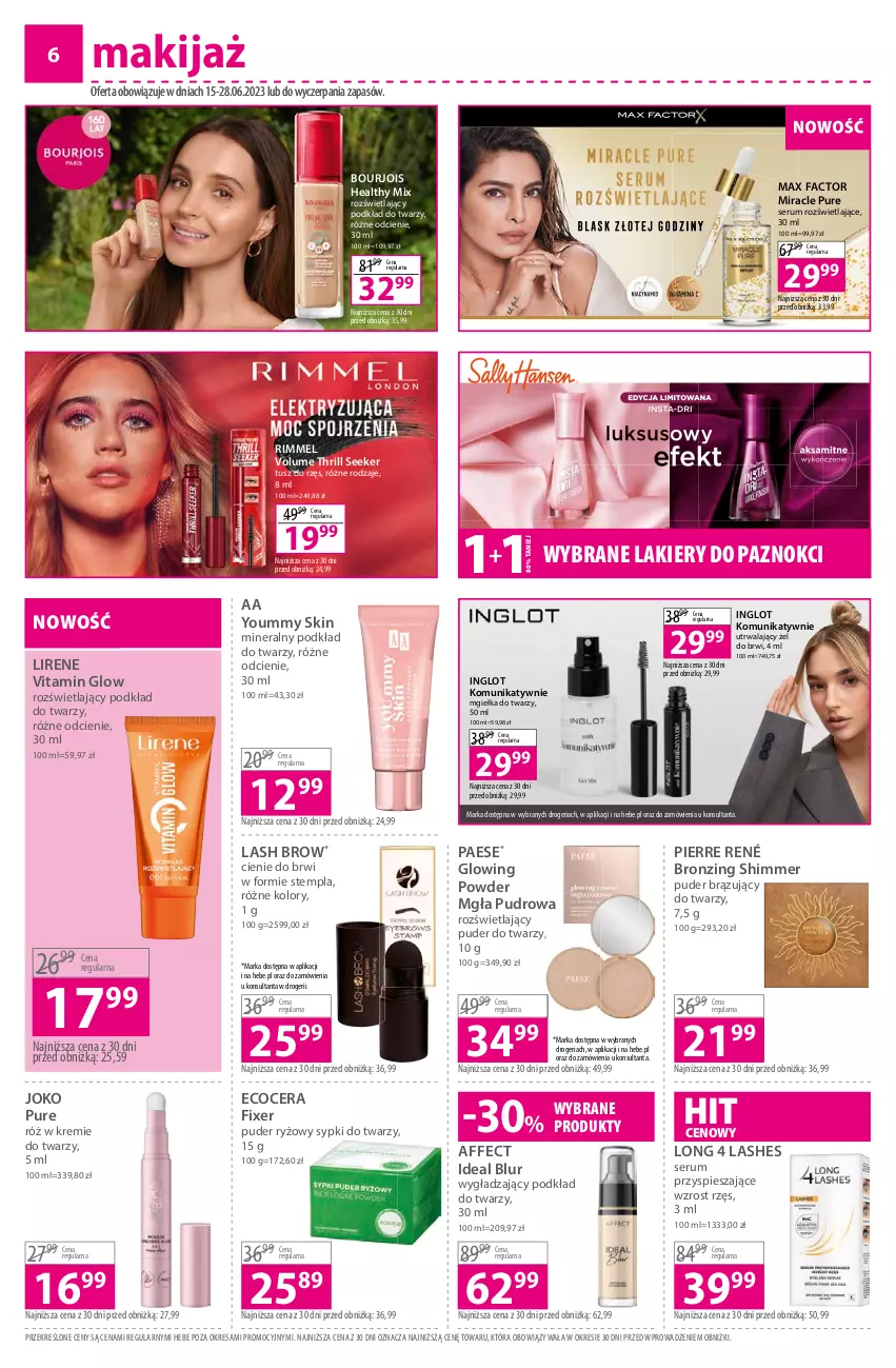 Gazetka promocyjna Hebe - Gazetka - ważna 15.06 do 28.06.2023 - strona 6 - produkty: Bourjois, Fa, Lakier, Lirene, Long 4 Lashes, Makijaż, Max Factor, Mgiełka do twarzy, PAESE, Pierre René, Podkład, Podkład do twarzy, Puder, Puder do twarzy, Pur, Rum, Ryż, Ser, Serum, Tusz