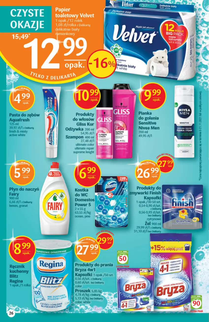 Gazetka promocyjna Delikatesy Centrum - Gazetka DC03 - ważna 20.01 do 26.01.2022 - strona 26 - produkty: Aquafresh, Bryza, Domestos, Fa, Fairy, Finish, Gin, Gliss Kur, Gra, Granat, Nivea, Nivea Men, Odżywka, Olej, Papier, Papier toaletowy, Pasta do zębów, Ręcznik, Ręcznik kuchenny, Szampon, Velvet, Zmywarki