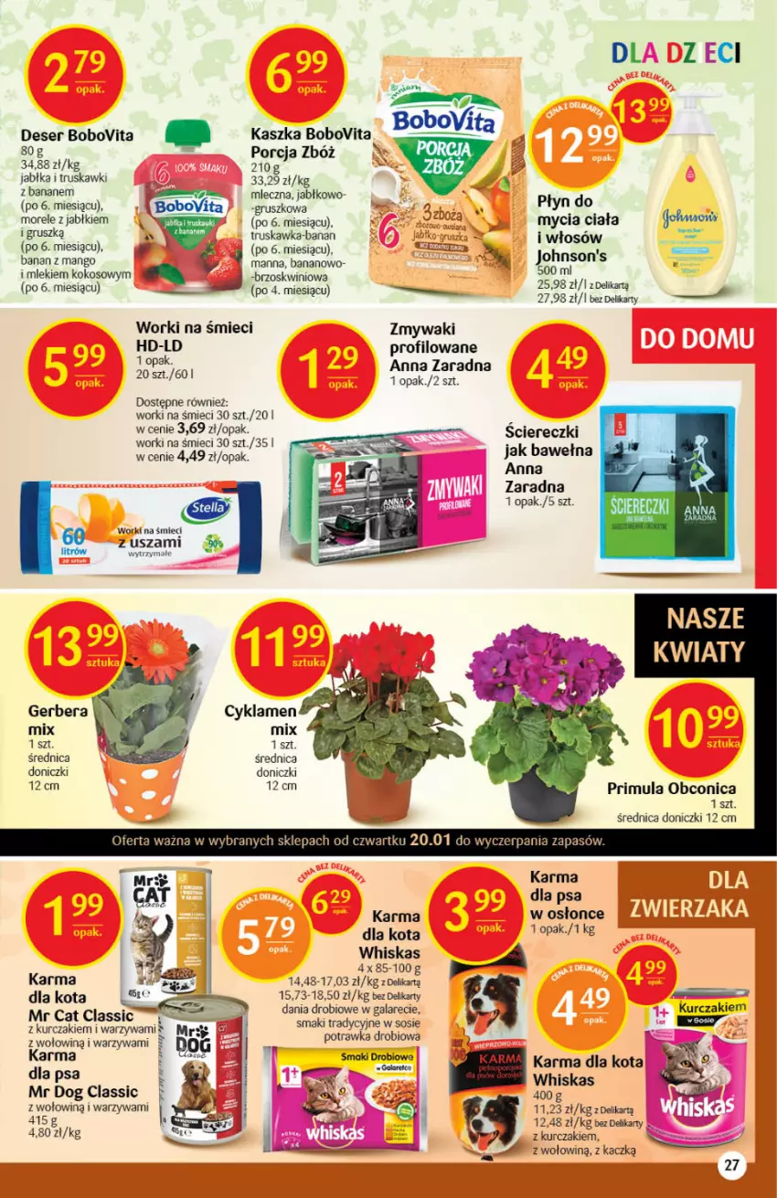 Gazetka promocyjna Delikatesy Centrum - Gazetka DC03 - ważna 20.01 do 26.01.2022 - strona 27 - produkty: BoboVita, Cyklamen, Deser, Gala, Gerber, Jabłka, Johnson's, Kokos, Kurczak, Mango, Płyn do mycia, Por, Primula, Ser, Sos, Truskawki, Warzywa, Wełna, Whiskas, Worki na śmiec, Worki na śmieci