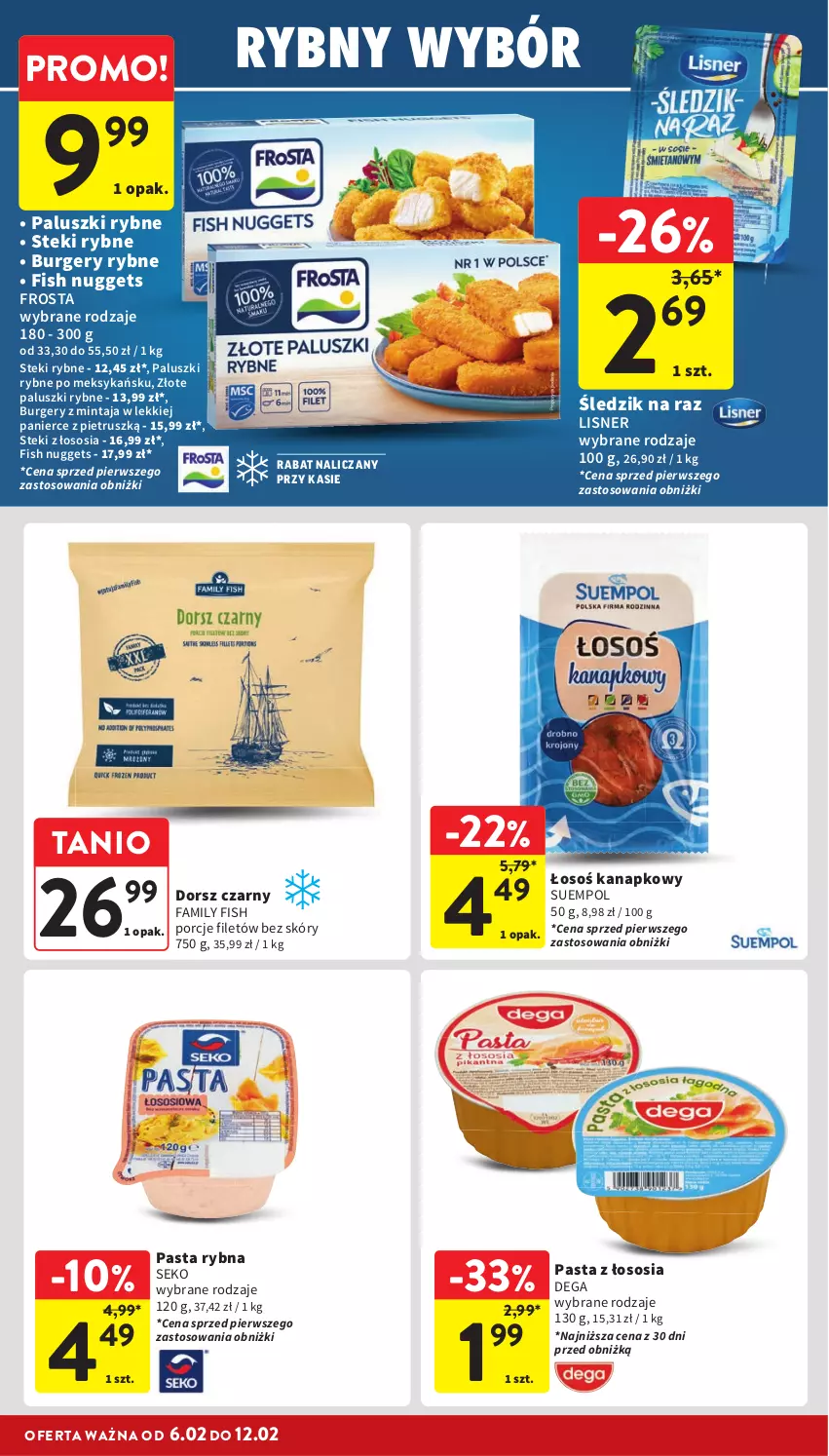 Gazetka promocyjna Intermarche - Gazetka Intermarche - ważna 06.02 do 12.02.2025 - strona 18 - produkty: Burger, Dega, Dorsz, Fa, Frosta, Lisner, Mintaj, Paluszki rybne, Por, SEKO, Sos, Stek, Suempol